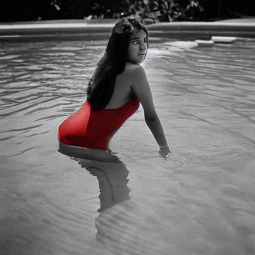 Image similar to clear photo of a beautiful and young female singer of native american descent in a pool with a red swimsuit taken in 1 9 7 6, high quality, highly detailed 7 0 s style photography, long dark hair, elegant pool, trending on pinterest, aesthetically beautiful, elegant