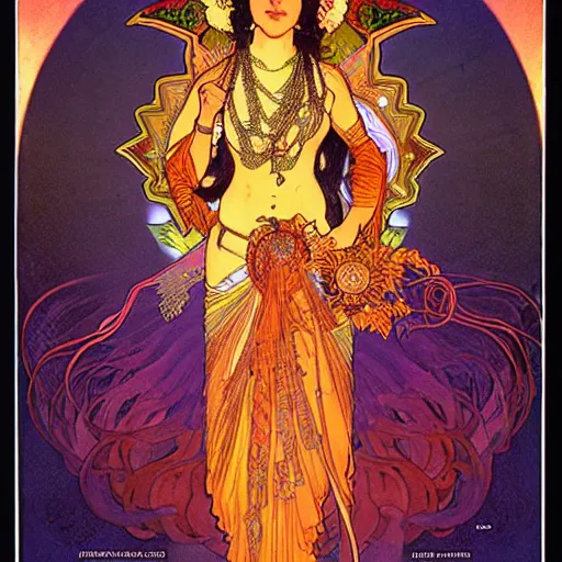 Image similar to hindu goddess of firespinning, by alphonse mucha, burning man, intricate