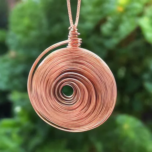Image similar to a beautiful circular pendant made of sand and dirt, tied together by copper wire