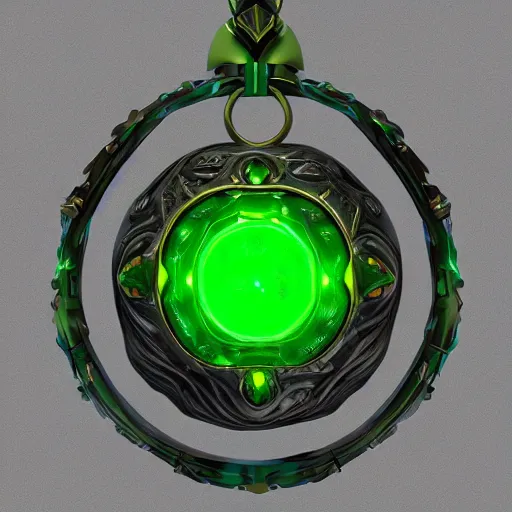 Image similar to epic metal amulet with a glowing emerald, highly detailed, concept art, beautiful, octane render, realistic, unreal engine, sharp focus