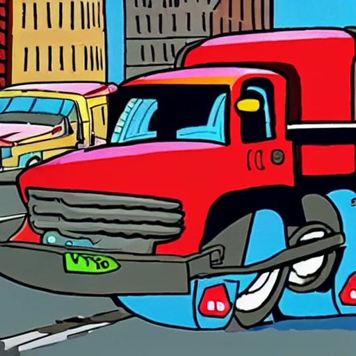 Prompt: animated tyrannosaurus skateboarding on a truck through new York City, cartoon, 1993, by amblimation, by universal pictures