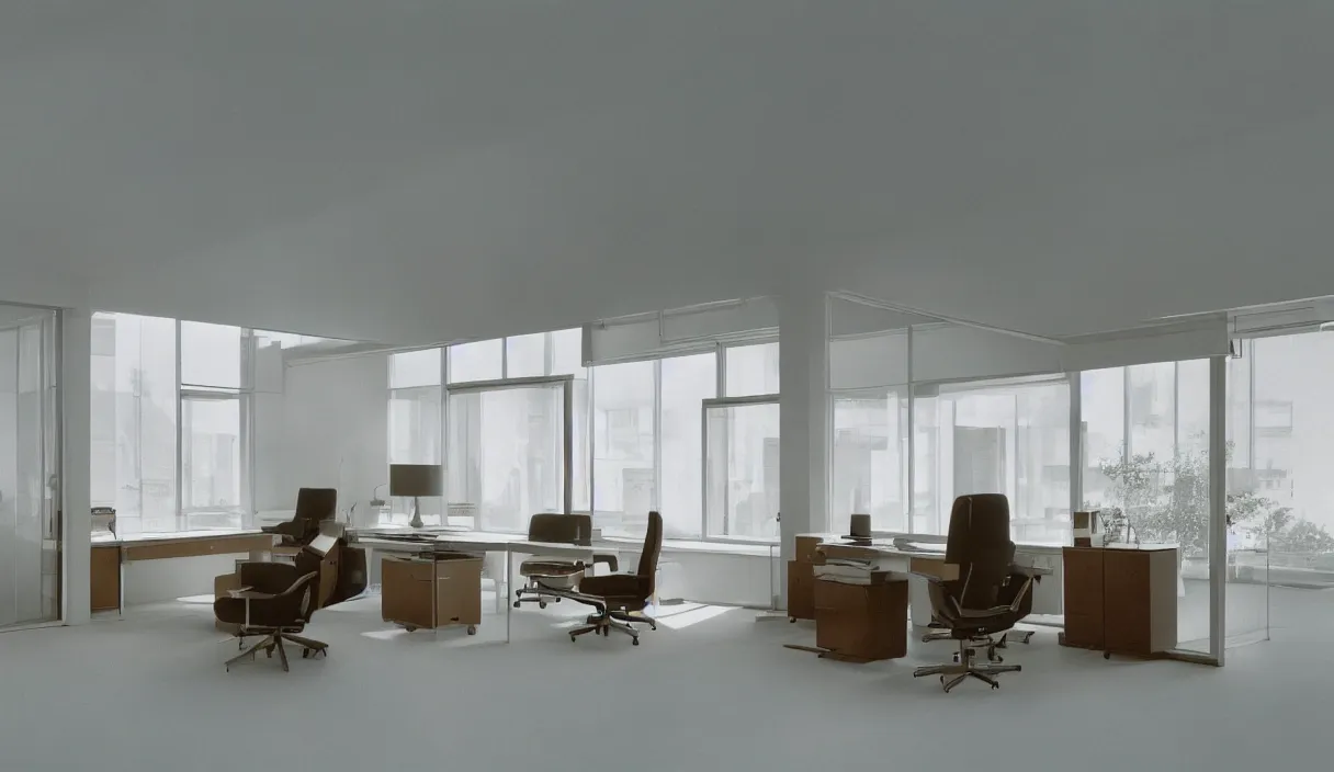 Image similar to a minimal 7 0 s prisunic catalog with the indoor office of severance series ( 2 0 2 2 ), in color