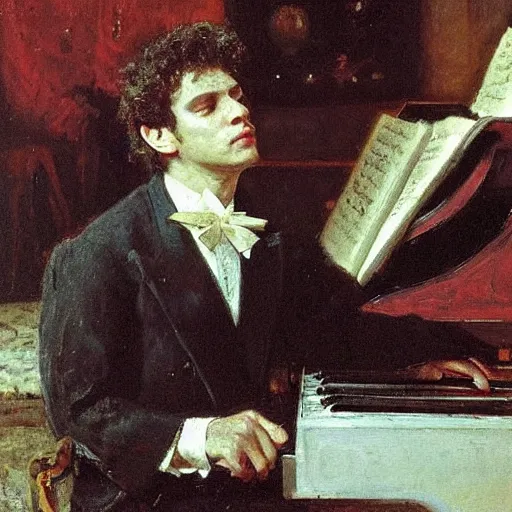 Prompt: portrait of anton rubinstein at the piano, by ilya repin, oil on canvas, 1 8 9 0