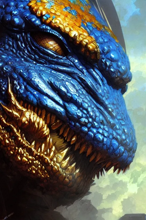 Image similar to blue godzilla, wearing a rainbow colored propeller cap hat, extreme close up detailed face portrait dnd, painting by gaston bussiere, craig mullins, greg rutkowski, yoji shinkawa