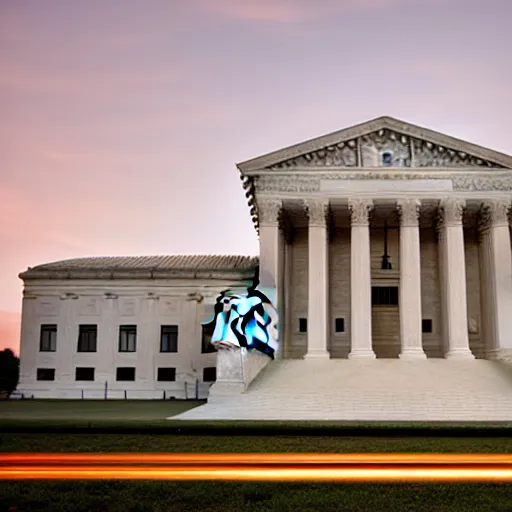 Prompt: Supreme court on fire at night, award winning photo, 8k hyperrealistic