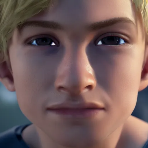 Image similar to detailed face of boy with blonde hair and brown eyes, unreal engine 5 rendered, incredibly highly detailed and realistic, 8 k, sharp focus, studio quality