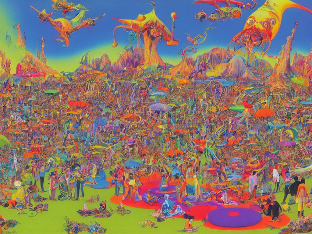 Image similar to a beautiful view of a groovypunk gathering in a public park, art by ron walotsky and peter max and roger dean