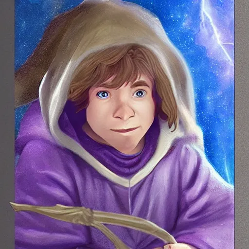 Prompt: Profile picture of a young halfling wizard. Medium length brown hair, hooded purple cloak. Glowing blue wand. Organic Painting, Matte Painting, meaningful