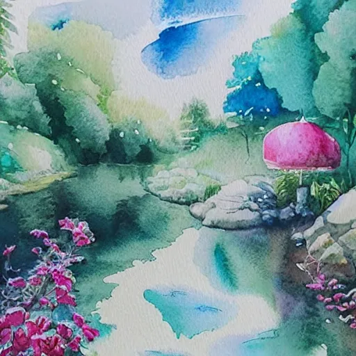 Image similar to Beautiful happy picturesque charming sci-fi town in harmony with nature. Beautiful light. Water and plants. Nice colour scheme, soft warm colour. Beautiful detailed artistic watercolor by Olivia. (2022)