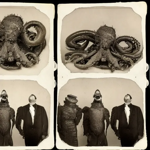 Image similar to tintype photographs, wide angle view, operators, in isolated suits, dissecting huge lovecraftian creatures