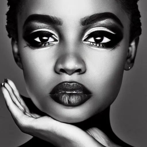 Image similar to god as a woman, black and white painting except her eyes are brown, award winning, beautiful esthetics