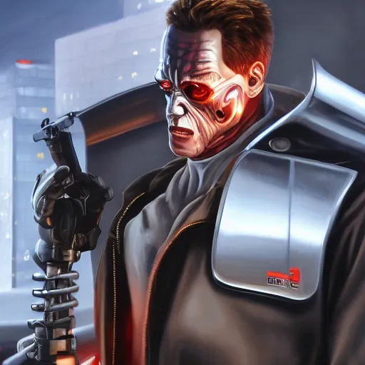Prompt: an oil painting of the terminator as a mc donald worker, by artgerm, hd, hdr, ue 5, ue 6, unreal engine 5, realistic anime 3 d style, cinematic 4 k wallpaper, 8 k, ultra detailed, gta cover art, high resolution, artstation, award winning
