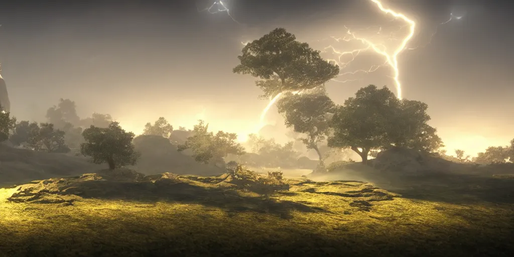 Image similar to a serene landscape with a powerful ( goddess ) of life in the middle, volumetric illumination, octane render, cinematic lightning, 8 k