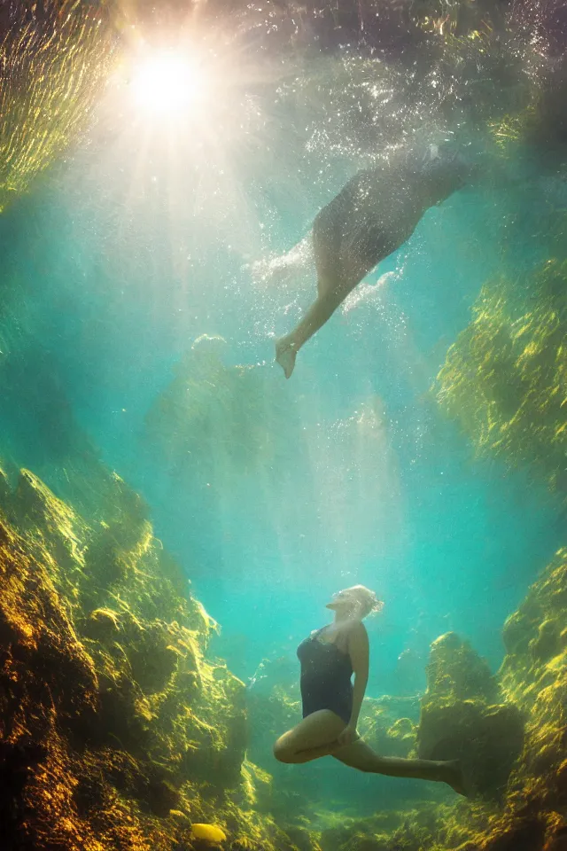 Prompt: underwater looking up, one woman swimming alone in large tall rock trench , toward the sun rays and caustics, film , cinematic, underwater photography, low angle view, wide lens