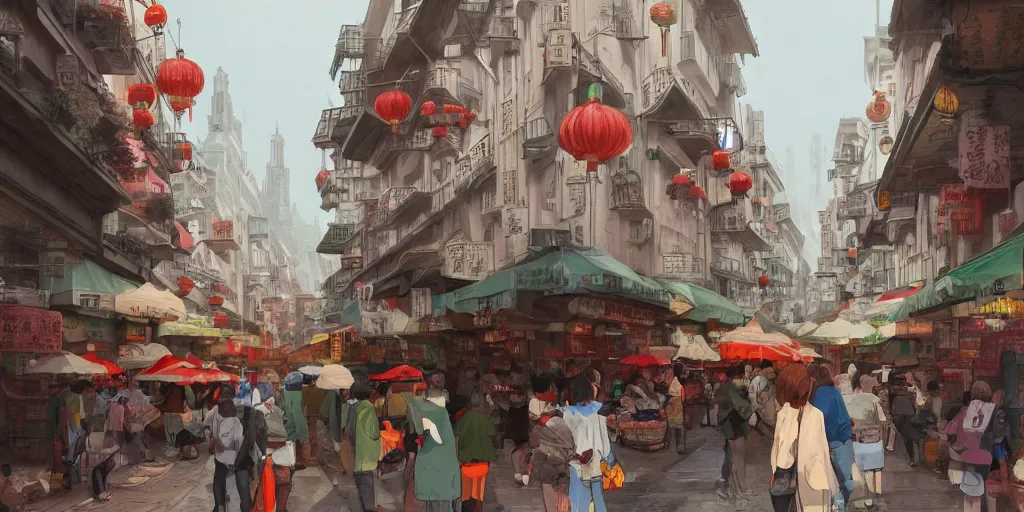 Prompt: morning market in chinatown, slightly foggy day, matte painting, studio ghibli, artstation