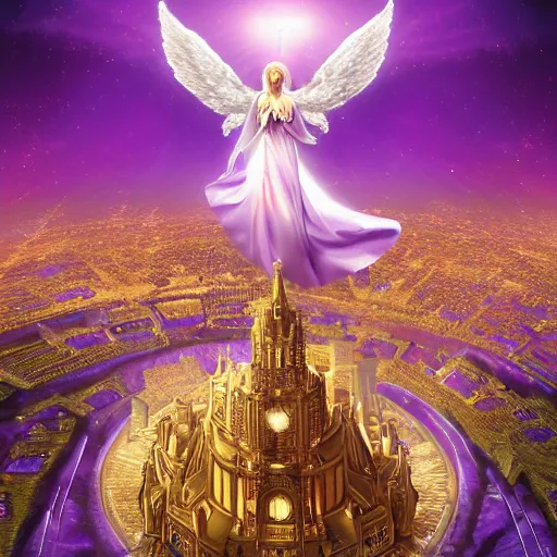 Prompt: a HD photo of a gigantic biblically accurate angel over a city, purple, violet, gold, epic lighting, hyper detailed, throne, rings with eyes