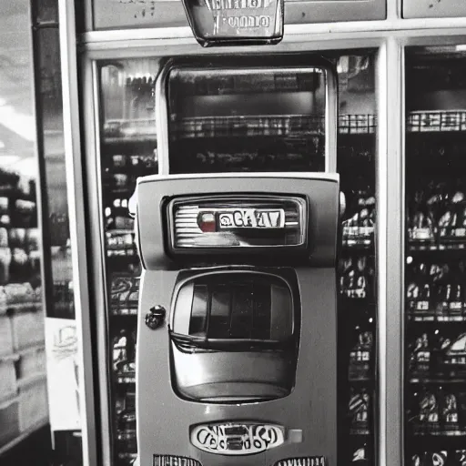 Image similar to Vintage Photograph of a futuristic time machine inside of a grocery store, shallow depth of field, awkward, out of place, polaroid 600 Color