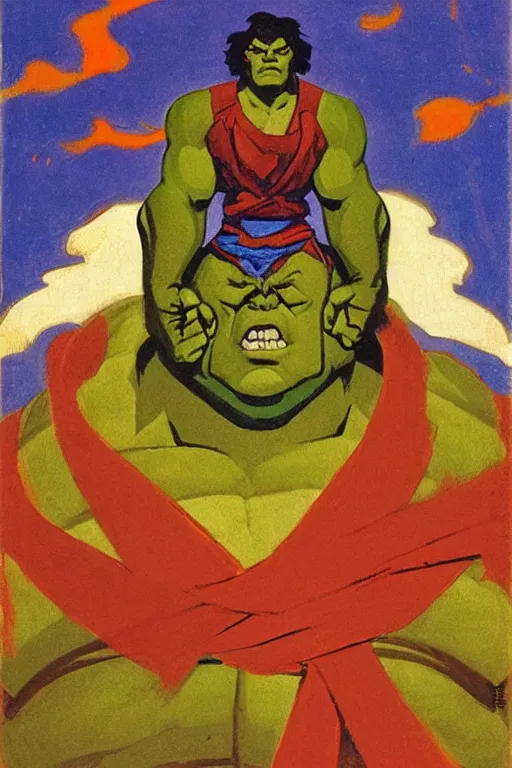 Image similar to hulk, marvel, artwork by nicholas roerich,