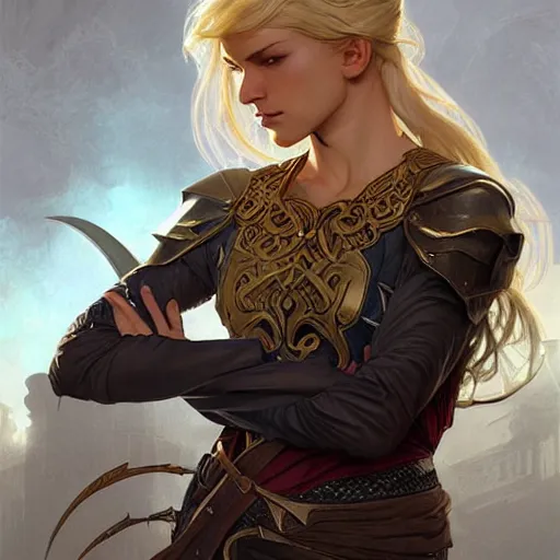 Image similar to an epic fantasy comic book style portrait painting of a young blonde thief, d & d, fantasy, joyful smirk, intricate, elegant, digital painting, artstation, concept art, extremely detailed, matte, sharp focus, illustration, art by artgerm and greg rutkowski and alphonse mucha