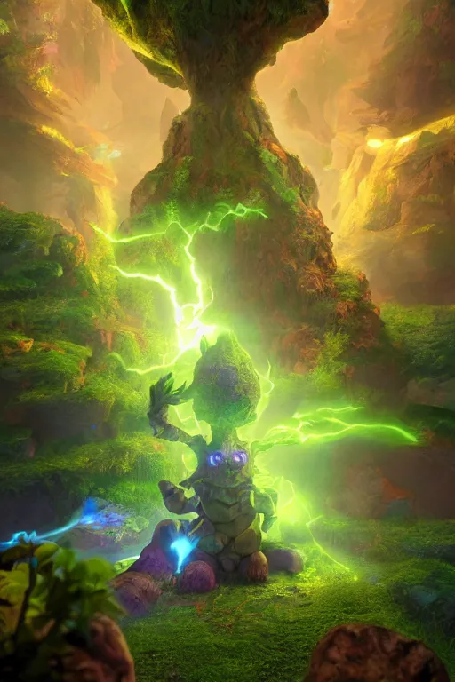 Image similar to arcane fantasy art giant golem elemental wood rock bastion forged gemstone enchanted forest troll, global illumination ray tracing hdr fanart arstation by sung choi and eric pfeiffer and gabriel garza and casper konefal lisa frank zbrush central hardmesh radiating a glowing aura