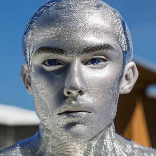 Image similar to made of ice, a realistic detailed photo of a guy who is an attractive humanoid who is half robot and half humanoid, who is a male android, on display, blank stare, showing off his muscles, shiny skin, posing like a statue, by the pool, frozen ice statue, f 1 driver charles leclerc, humanoid robot