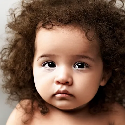 Image similar to a close up portrait of a cute baby with brown eyes and long brown curly hair, award winning photography, ultra high detail, hd, 8k, by Martin Schoeller