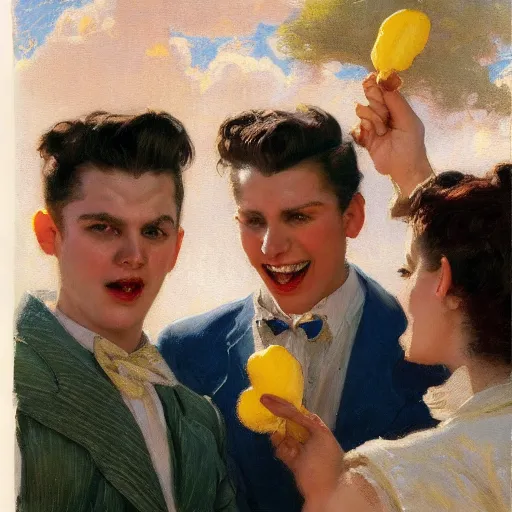 Image similar to three male teens wearing rockabilly outfits and eating lemon popsicles while looking at a woman by gaston bussiere, craig mullins, j. c. leyendecker 8 k