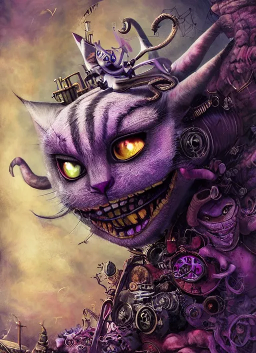 Image similar to cheshire cat, angry, scary, cheeky, steampunk googles, highly detailed, cinematic, 8 k, by megan duncanson, benjamin lacombe, stanley artgermm, tom bagshaw, craig mullins, carne griffiths, ayami kojima, beksinski, giger, trending on deviantart, hyper detailed, horror, full of colour