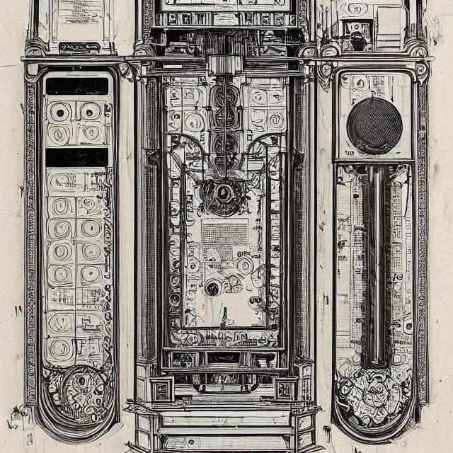 Image similar to beautiful, symmetric, art nouveau, detailed, intricate technical drawing from 1 8 4 0 with extensive written labels and covered in scribbled pencil notes, for a mechanical display attachment to babbage's difference engine, showing a screen playing tetris