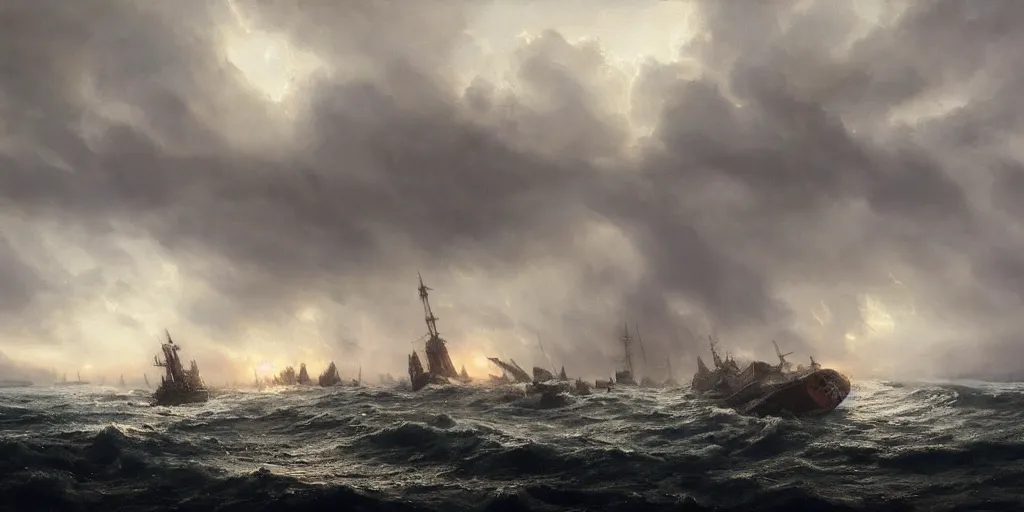 Image similar to Hyper realistic oil painting of a medieval fleet being sunk, stormy weather, dark clouds, fog, moody cinematic lighting, atmospheric, dark, by Greg Rutkowski, trending on artstation