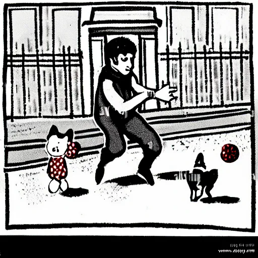 Image similar to illustration of french boy on the streets of paris playing football against a corgi, the dog is wearing a polka dot scarf, comic, 1 9 7 2