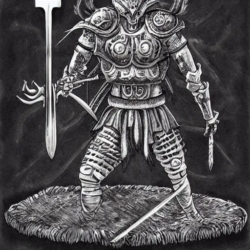 Image similar to intricate detailed burger armor warrior with huge fork weapon, dark fantasy art by kentaro miura