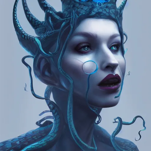 Image similar to dark queen of snakes, crown of snakes, blue skin, realism, dark fantasy, cgsociety, artstation