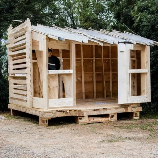 Prompt: man in a white dress builds a wooden shed out of pallets