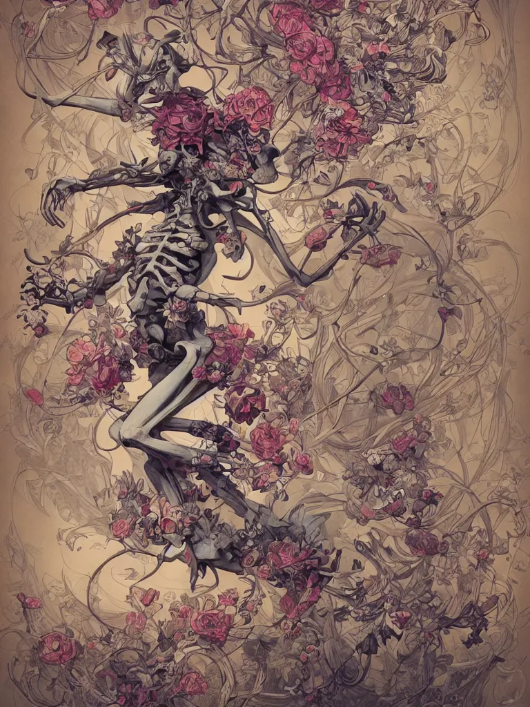 Prompt: a skeleton covered in flowers in a dynamic pose, art nouveau, james jean, peter mohrbacher, highly detailed, soft lighting,