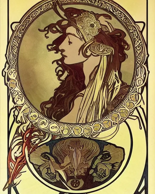 Image similar to four of an eagle, face of an lion, face of an ox, face of an human, on one creature. drawn by alphonse mucha