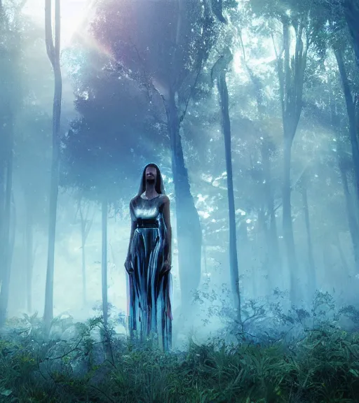 Prompt: daydreaming of the maiden with fuidity transparent dress in the blockchain cyberpunk forest by maciej kuciara, majestic light, octane render, fog, ethereal glare of the sun, rainbow rain, volumetric lighting, hyperealistic, epic, masterpiece