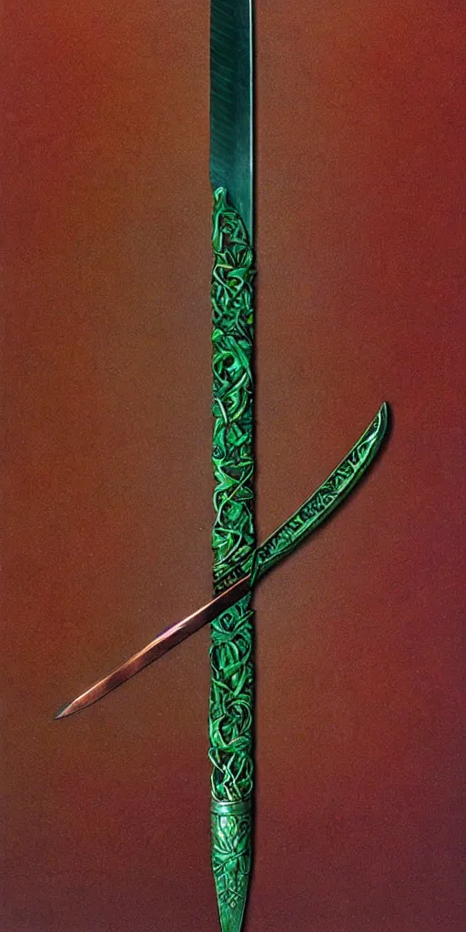 Prompt: a sword made from flower petals in the style of zdzisław beksinski, elegant, copper and emerald