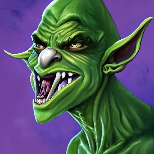 Prompt: headshot of a goblin with a bulbous nose, long ears, black slick hair, a white clouded eye and a scar, wicked smile, greenish skin, dnd illustration, concept character in the style of boris vallejo and jeff easley, digital art, photoshop, trending on artstation,