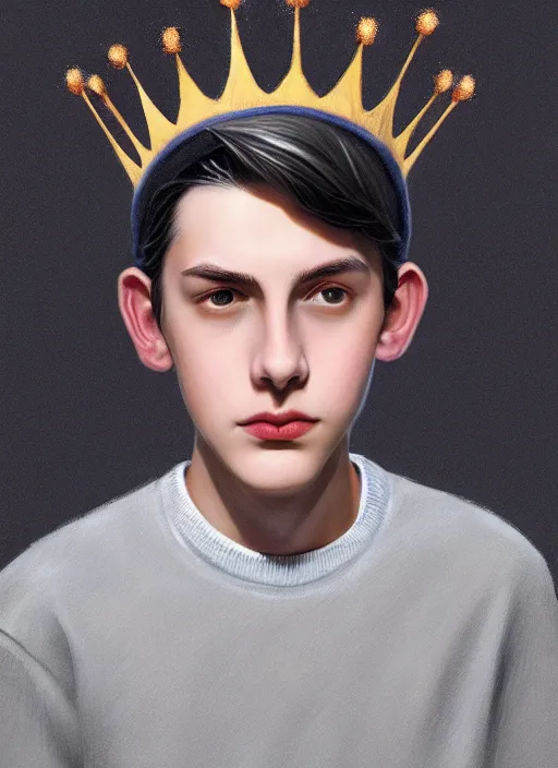 Image similar to portrait of teenage jughead jones wearing a light grey crown, photorealistic, crown, eyes closed, crown, black hair, sweater with letter s on it, letter s, intricate, elegant, glowing lights, highly detailed, digital painting, artstation, concept art, smooth, sharp focus, illustration, art by wlop, mars ravelo and greg rutkowski