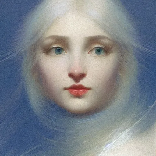 Image similar to a young woman's face, her hair is white and she wears an cobalt blue satin cloak, by ivan aivazovsky and syd mead and moebius and gaston bussiere and roger dean and pieter claesz and paul delaroche and alma tadema and aelbert cuyp and willam claesz, hyperrealistic, volumetric light, octane render