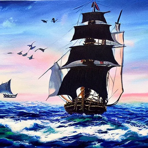 Prompt: pirates of the caribbean, the black pearl, sailing on a beautiful ocean, painting by greg rutowski