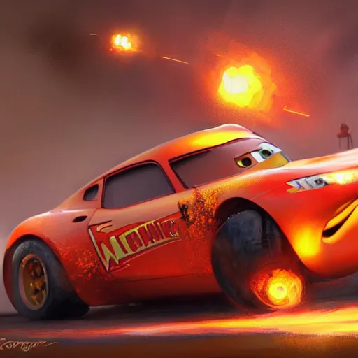 Image similar to lightning mcqueen crash in heavily by greg rutkowski