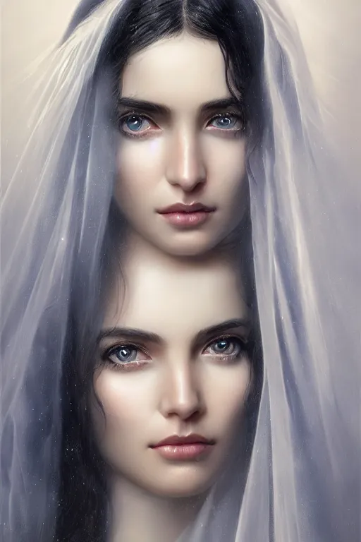 Image similar to Ameera al-Taweel, blue eyes, long wavy black hair, white veil, closeup, focus face, elegant, highly detailed, centered, oil painting, artstation, concept art by tom bagshaw