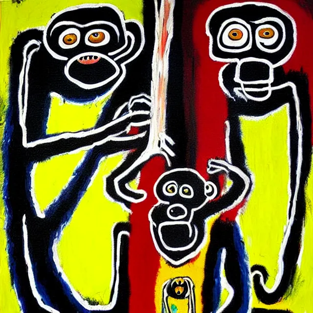 Prompt: a beautiful painting monkeys eat bananas in the tree, by jean michel basquiat realistic oil painting