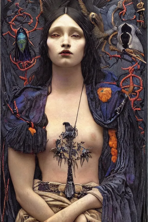 Image similar to a raven dressed as a goth shaman, by Annie Swynnerton and Nicholas Roerich and John Bauer and jean delville and John William Godward and Donato Giancola and Vermeer, black leather and embroidered velvet, iridescent beetles, rich color, dramatic cinematic lighting, featured on Artstation, extremely detailed