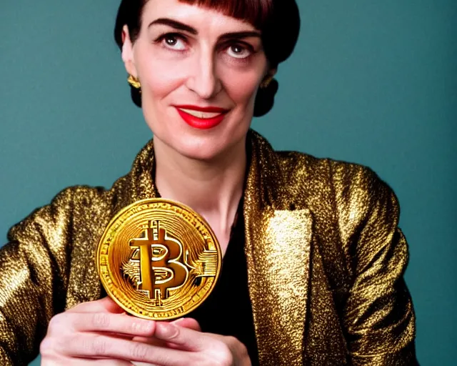 Image similar to ayn rand holding a golden bitcoin, commercial stock photo by annie liebovitz, j. c. leyendecker