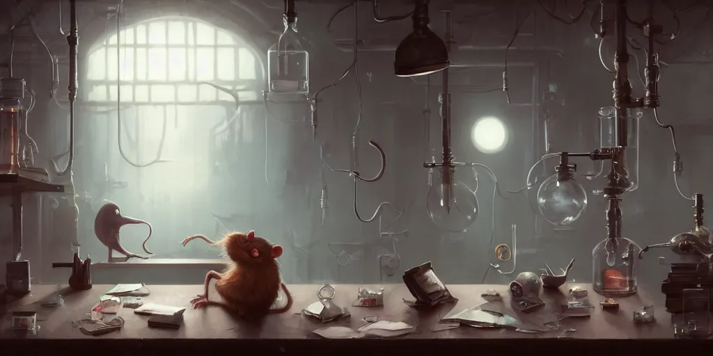 Image similar to humanoid rat in a laboratory sitting at a desk with lots of flasks filled with magic liquids and poisonous fog, stephen bliss, unreal engine, fantasy art by greg rutkowski, loish, rhads, ferdinand knab, ilya kuvshinov, rossdraws, tom bagshaw, global illumination, radiant soft light, detailed and intricate environment