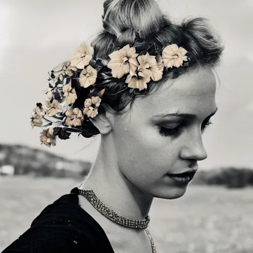 Image similar to vintage photograph of an olive skinned blonde female model in her twenties looking down, her hair pinned up with flowers, wearing a designer top, looking content, focused on her neck, photo realistic, extreme detail skin, natural beauty, no filter, slr, golden hour, 8 k, high definition, selfie