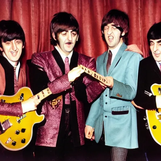 Image similar to The Beatles rock band dressed in beetle costumes